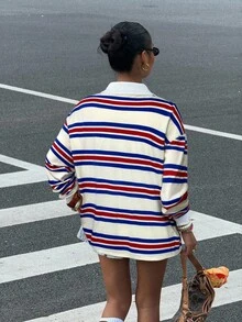 Muchica 女式休闲宽松马球领长袖T恤，带骑士和条纹印花 - 紅白色 - 查看 2