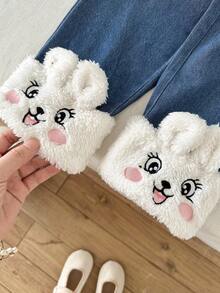 Sparklyn 2pcs/Set Toddler Girls' Cat Embroidery Graphic Crew Neck Long Sleeve Fuzzy Sweatshirt And Cuffed Fuzzy Denim Pants, Fashion Casual Sports Streetwear, Autumn/Winter - White - View 6