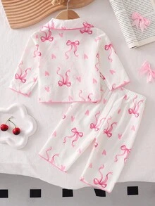 2pcs Baby Girls' Pink Bow Print Long Sleeve Cardigan And Pants Pajama Set, Woven Fabric Cozy And Beautiful For Girl, Princess Gift - White - View 2