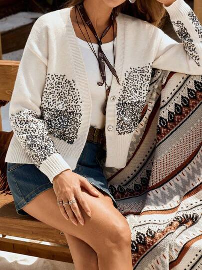  LanaWest Women's Western Christmas Autumn/Winter Holiday New Casual Resort Sequin Beaded Embroidered Shiny Button Cardigan, Suitable For Party And Gathering