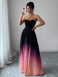 Elenzga Gradient Color Elegant Romantic Ruched Waist A-Line Hem Strapless Dress For Women