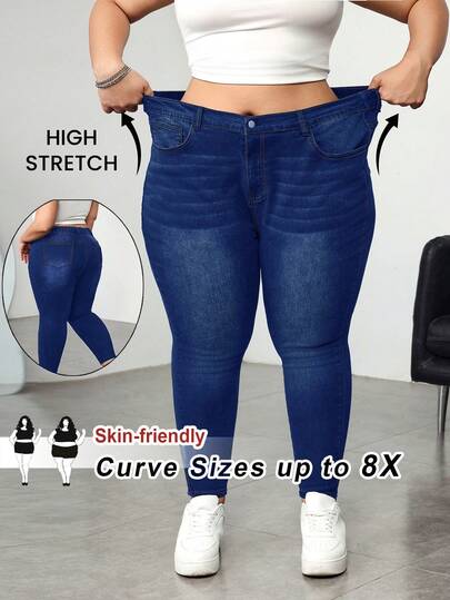 SHEIN CURVE+ Jeans casuales negros elásticos y entallados para mujer de talla grande