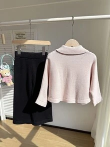 2pcs/Set Young Girl Cute Pink Rabbit & Dog Jacquard Knit Sweater Bow Decor Cardigan,Black Straight Leg Pants Fairy School Holiday Autumn Winter Sets - Pink - View 2