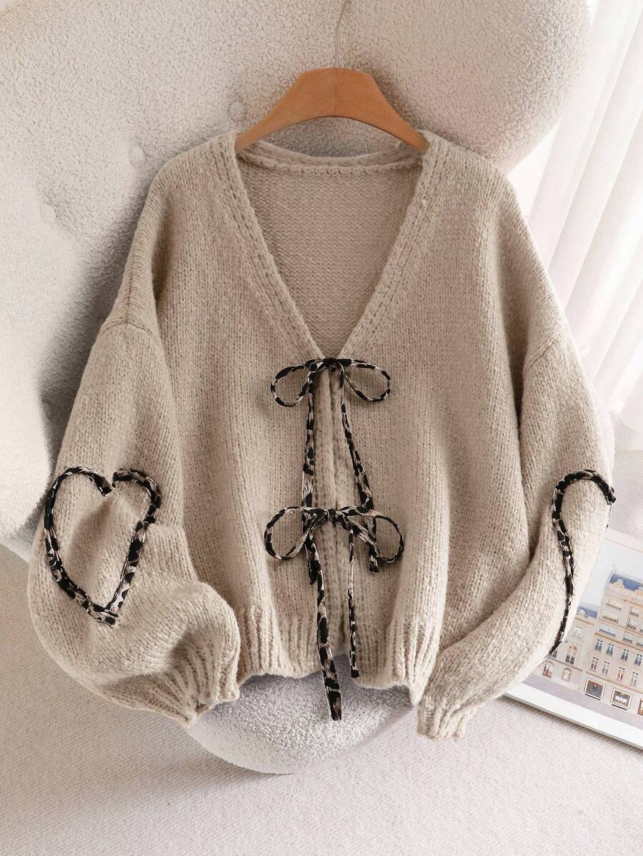 CosyJoli Brown Plus Size Women Tie-Front Knot Cardigan In Fall/Winter - Apricot - View 1