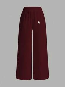 SHEIN EZwear Women's Casual Vacation Wide Leg Pants, Suitable For Summer, Suitable For Vacation,Fall,Fall Clothes For Women - Burgundy - View 2