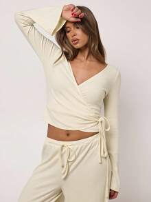 SHEIN BAE Women's Yellow Solid Color Simple Cashmere Knitted Open Placket Wrap Asymmetrical Strap Long-Sleeved Top, Autumn Top, Go Out, Home Leisure, Casual Top For Women,Casual Outfit For Women, Thanksgiving Outfit For Women,Christmas Clothes,Autumn Outfits For Women,