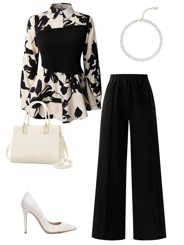 DreamSkyne Plus Size Women's 2 Pieces Set: Strapless Shirt & Pants, Contrast Color, Elegant Ruffle Sleeve Design, Suitable For Back To School, Graduation, Valentine's Day, Music Festival, Mother's Day, Halloween, Thanksgiving, Easter, National Day, Prom, Date, Party, Wedding, Outdoor Activities