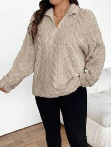 SHEIN Frenchy Plus Size Women Zip-Up Half Placket Thermal Lined Loose Sweatshirt, Autumn/Winter - Apricot - View 3