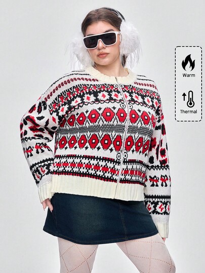Kawaii Plus Size Holiday Sweater Cardigan, Autumn/Winter Christmas Season Argyle Fair Isle Pattern Plus Size Sweater Cardigan, Plus Size Women Fashion Knit Cardigan Top