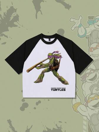 TEENAGE MUTANT NINJA TURTLES X ROMWE Herren lässiges, modisches Streetwear T-Shirt mit Cartoon Schildkröte & Slogan Grafik, Kontrast Raglanärmel, locker geschnitten, Sommer