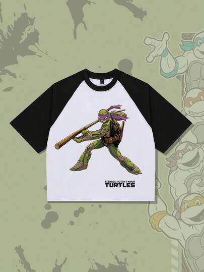 TEENAGE MUTANT NINJA TURTLES X ROMWE Men's Fashionable Street Cartoon Turtle & Slogan Graphic Contrast Raglan Sleeve Loose T-Shirt, Summer