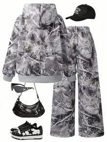 2pcs/Set Tween Girls Letter Print Hoodie Sweatshirt + Green Cargo Pants Casual Street Style Outfit, Autumn/Winter - Light Grey - View 2