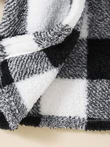 SHEIN 女童黑白格子休闲珊瑚绒长袖外套，适合秋冬季节，长款毛绒外套 - 黑與白 - 查看 9
