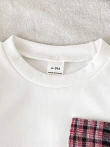 SHEIN Playful Pals Conjunto de bebé niño con top de manga larga de cuello redondo gris y pantalones a cuadros oscuros, estilo minimalista y silueta limpia, adecuado para uso al aire libre, compras y uso casual, primavera/otoño