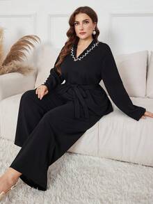 Lacomfia 2pcs/Set Plus Size Solid Color V-Neck Pearl Decor Long Sleeve Loose Blouse And Elastic Waist Wide Leg Pants, Spring/Autumn