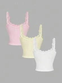 SHEIN MOD Bộ 3 áo hai dây dễ phối đồ cho nữ, bộ 3 áo dệt kim màu pastel đa năng, thích hợp cho Lễ Tạ ơn, Giáng sinh, Năm mới, áo ba lỗ xếp ly ren phối nơ, áo ba lỗ, mùa thu, áo nơ, áo đi học dễ thương, áo đi học trở lại trường - Nhiều màu - Xem 2