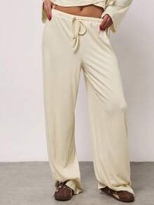 SHEIN BAE Lässige, lockere und weit geschnittene Hose aus Kaschmirstrick für Damen mit Kordelzug in der Taille, einfarbig in Gelb, vielseitig einsetzbar, geeignet für den täglichen Weg zur Arbeit, die Freizeit zu Hause, zum Ausgehen, die tägliche Freizeit und die Winterhose mit weitem Bein