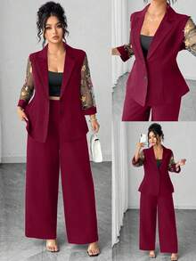 Elenzga Áo khoác thêu may đo cỡ lớn, cài một hàng khuy, tay áo 3/4, thắt eo, quần đồng bộ, bộ vest sang trọng khi đi làm - Màu Đỏ Sâu - Xem 1