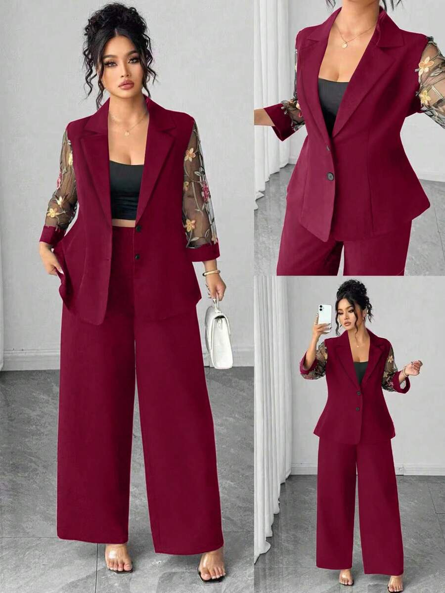Elenzga Áo khoác thêu may đo cỡ lớn, cài một hàng khuy, tay áo 3/4, thắt eo, quần đồng bộ, bộ vest sang trọng khi đi làm - Màu Đỏ Sâu - Xem 1