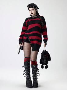 ROMWE Goth 万圣节朋克摇滚哥特式垃圾摇滚超大破洞条纹针织毛衣上衣，黑色和红色 - 彩色 - 查看 8