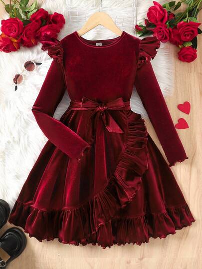SHEIN Tween Girl Solid Color Bling Ribbed Knit Ruffle Trim Wrap Hem Asymmetrical Hem Dress, Great For Casual & Daily Wear & School Daily In Autumn & Winter, Red Color, For Christmas, Woven Lantern Hemline Snug Fit Dress, Elegant Long Sleeve Cake Dress With Shorts Inside, Suitable For Autumn And Winter, Red For Christmas, Party Wear, Daily Wear School Daily, Birthday Dress, Princess Dress, Mom And Daughter & Sisters Matching Long Sleeve Girls Dresses Maroon Dress For Girl Burgundy Velvet Dress For Girl