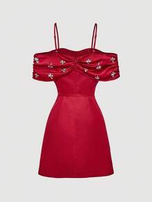 SHEIN MOD 女士优雅水钻褶饰露肩迷你连衣裙，夏季 - 紅色 - 查看 3