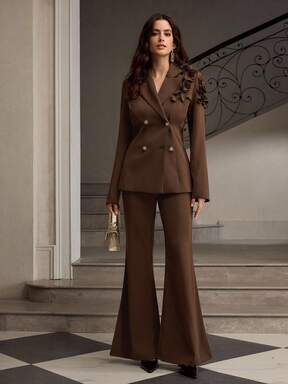 ZEYLAH Fashionable 3D Floral Women's Lapel NeckLong Sleeve Double-Breasted Elegant Blazer