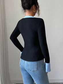 SHEIN Elenzya 女式拼色 V 领喇叭袖修身针织上衣，适合日常通勤、毕业派对、节日活动、度假、约会、秋冬 - 黑色 - 查看 2