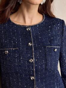 ZEYLAH Women's Elegant Chain Decor Jacket - Navy Blue - View 2