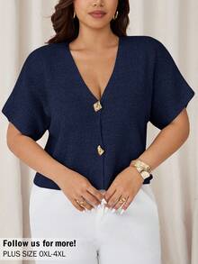 Auralis Plus Size Solid Color Short Sleeve Sweater, Suitable For Commuting Autumn Winter Clothes For Women - Navy Blue - View 1