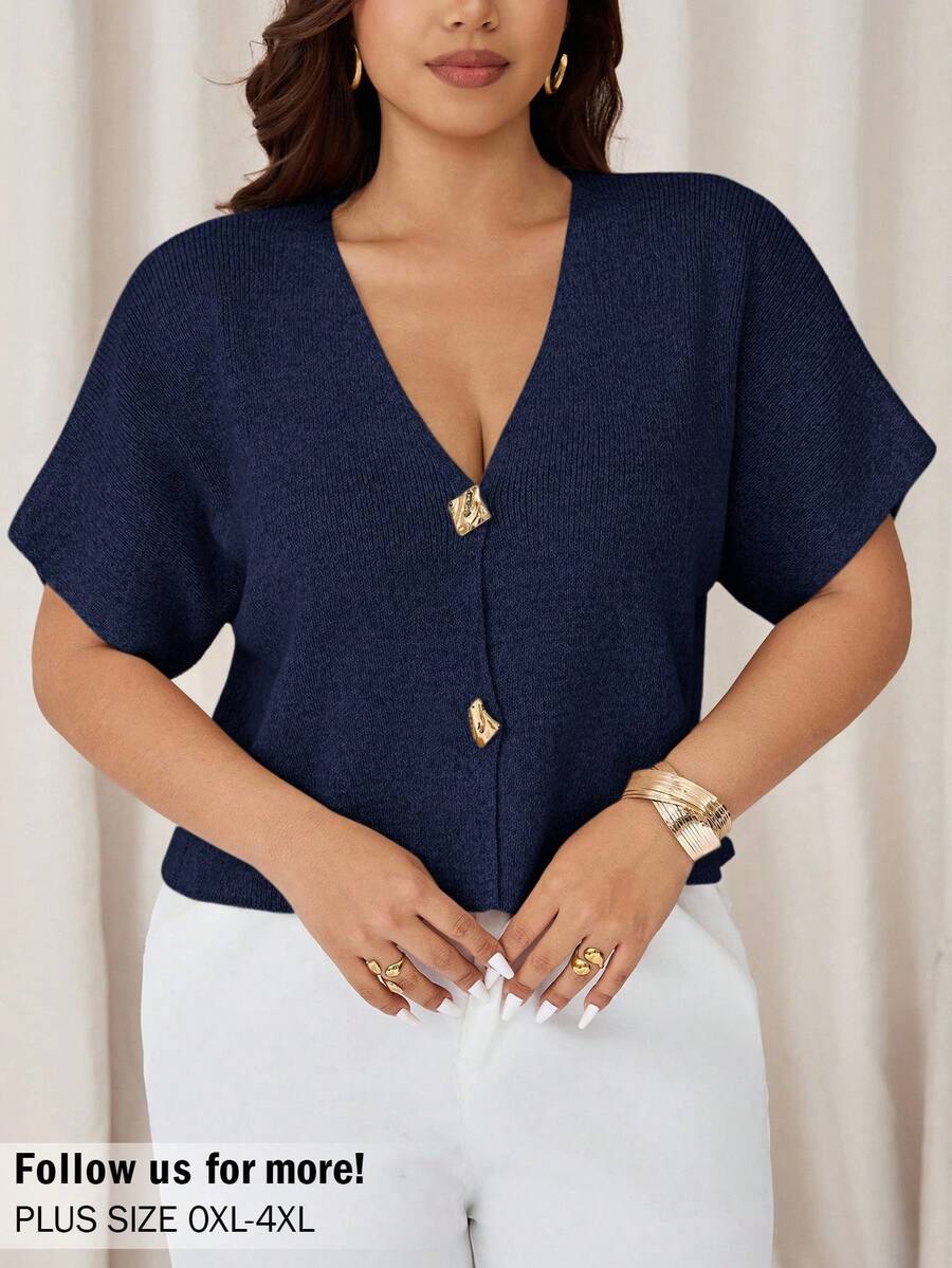 Auralis Plus Size Solid Color Short Sleeve Sweater, Suitable For Commuting Autumn Winter Clothes For Women - Navy Blue - View 1