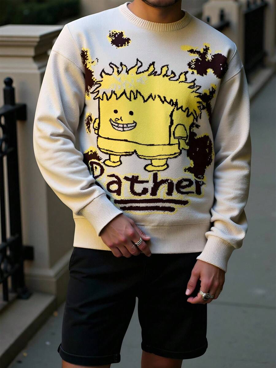 Manfinity Homme Sweater Pria Kasual Longgar dengan Motif Huruf & Kartun, Kerah Bulat, Lengan Panjang, Musim Gugur - Krem - View 1