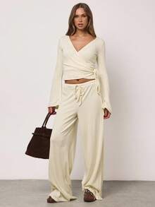 SHEIN BAE Lässige, lockere und weit geschnittene Hose aus Kaschmirstrick für Damen mit Kordelzug in der Taille, einfarbig in Gelb, vielseitig einsetzbar, geeignet für den täglichen Weg zur Arbeit, die Freizeit zu Hause, zum Ausgehen, die tägliche Freizeit und die Winterhose mit weitem Bein