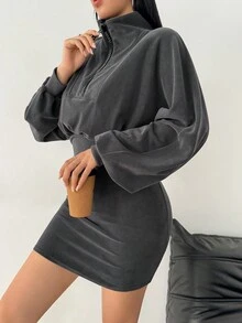 Modelyn Fashionable Korean Style Half-Zip Loose Flattering Elegant Dress, Autumn/Winter - Dark Grey - View 8