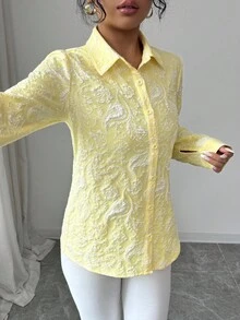 Selianne 女士腰果提花纹理单排扣长袖衬衫 - 黃色 - 查看 5