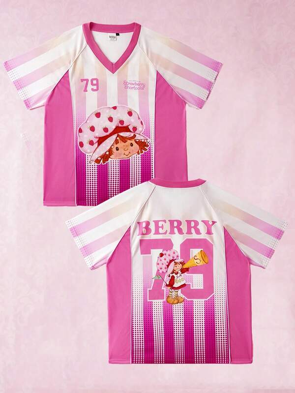 Strawberry Shortcake X SHEIN 1 szt. Koszulka piłkarska z luźnym krojem i dekoltem w serek, z uroczą postacią z kreskówki truskawkowej i ombre w paski, unisex