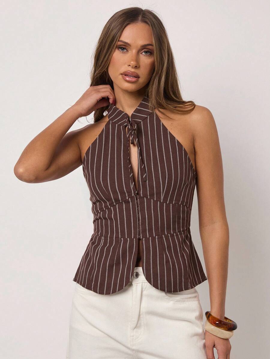 SHEIN BAE Women's Striped Halter Backless Casual Top, Suitable For Commuting And Daily Wear, Summer - Khaki - View 1