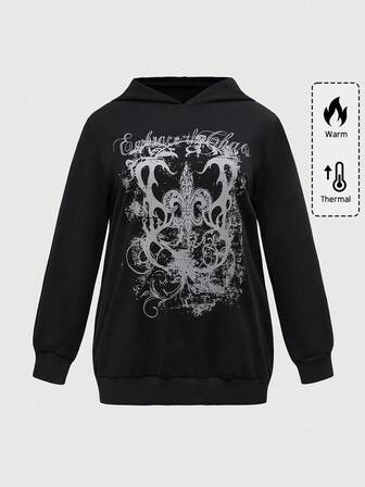 Plus Size Gothic Cross Graphic Casual Sweatshirt, Autumn/Winter Street Style Black Hoodie, Long Sleeve Plus Size Loose Fit Pullover Top For Women