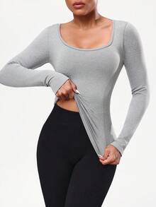 Seamluxe SHEIN Sport Damen Einfarbiges minimalistisches Kreuz-Langarm Lässig Sport T-Shirt