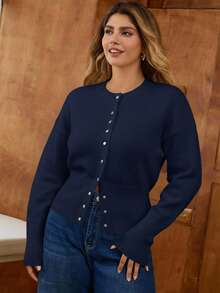 Elaquor Áo len cardigan dệt kim dài tay trễ vai màu trơn cỡ lớn dành cho nữ, mùa thu - Màu xanh hải quân - Xem 6