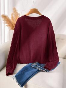 CosyJoli Women's Plus Size Brown Bow Collar Design Open Front Knit Cardigan, Comfortable For Daily Wear, Commuting, Autumn/Winter Red Burgundy - Burgundy - View 2