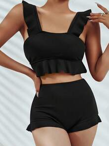 Swim Vcay Summer Beach Textured Bikini Set Ruffle Trim Tank Top & Shorts 2 Piece Bathing Suit - Black - View 3