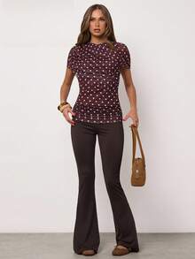 SHEIN BAE Women's Autumn And Winter Brown Exquisite Casual Polka Dot Print Pleated Slim Short-Sleeved Top, Brunch Top, Going Out Top, Polka Dot Top, Brown Top - Coffee Brown - View 6