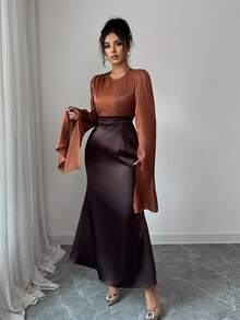 SHEIN Clasi Women's Elegant Solid Color Patchwork Round Neck Long Sleeve Dress, Autumn - Coffee Brown - View 4