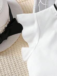 SHEIN Teen Girl Casual Ruffle Trim Round Neck Top With Bow Decor And Casual Long Pants 2-Piece Set - Black - View 6