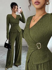 Lyxana 女士纯色裹身上衣和裤子两件套西装，通勤风格 - 橄欖綠 - 查看 1