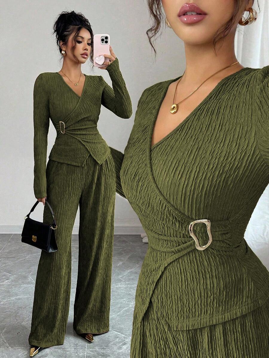 Lyxana 女士纯色裹身上衣和裤子两件套西装，通勤风格 - 橄欖綠 - 查看 1