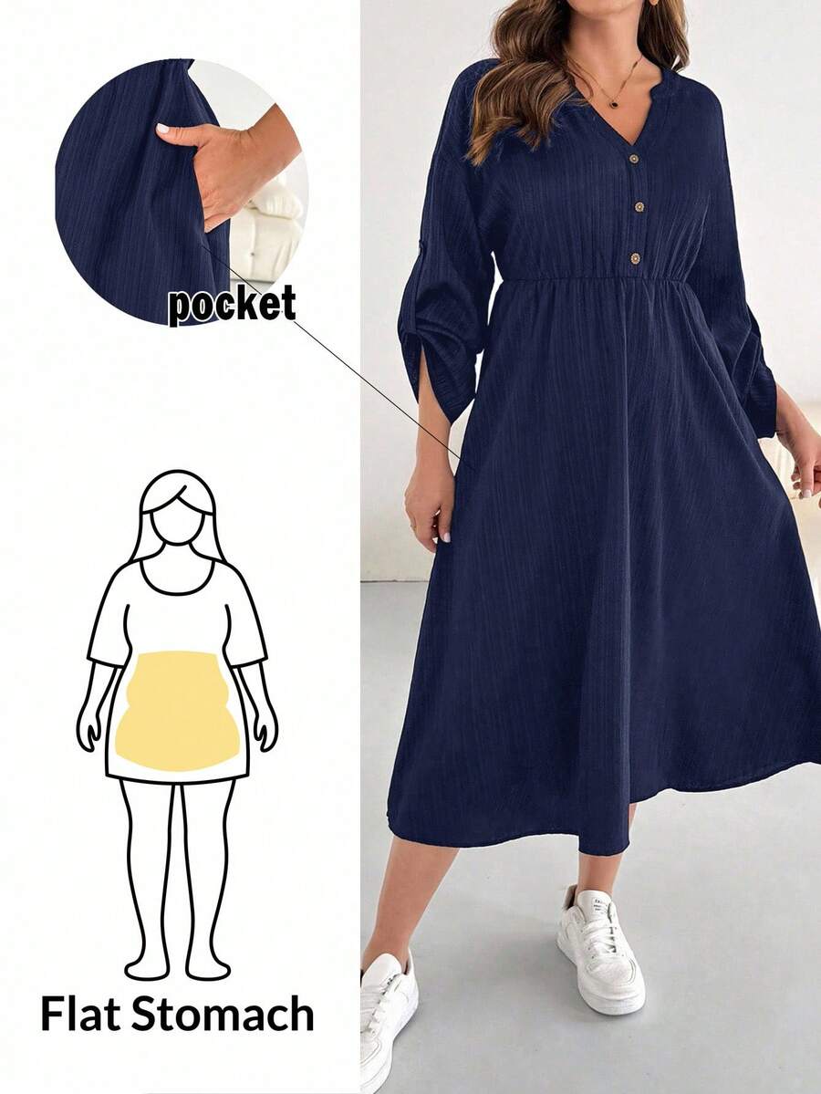 SHEIN Essnce 大码女装春秋时尚休闲宽松舒适日常 V 领纹理面料腰部黑色长袖中长连衣裙带口袋，秋季服装，女士教堂服装