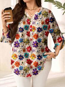 EMERY ROSE 大码女式复古花卉印花 V 领 3/4 袖宽松衬衫，春夏季休闲装 - 彩色 - 查看 3