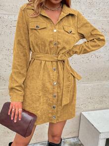 EMERY ROSE Gaun Lengan Panjang Wanita Kasual Warna Polos dengan Ikat Pinggang - Mustard Yellow - View 3